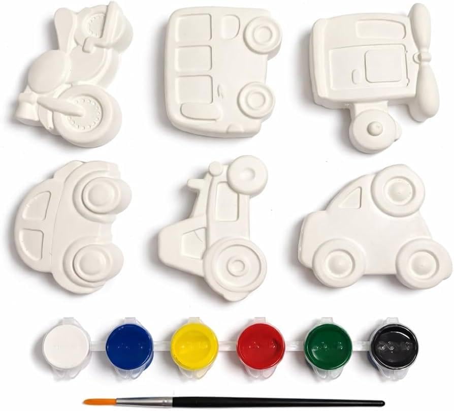 Image of EXPESIA Paint Your Own Ceramic Vehicles Kit for Kids, DIY Arts and Crafts Set with 6 Figurines, Paints and Brush, Ages +2 Year
