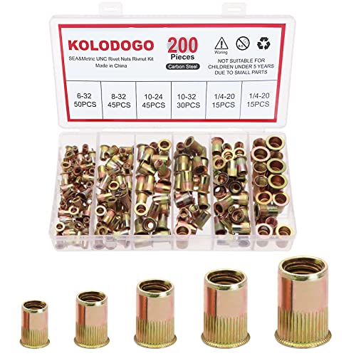 200PCS Carbon Steel UNC Rivet Nuts Rivnut Assortment Kit,Yellow Zinc Plated Finish,Carbon Steel Flat Head Threaded Insert Nutserts Assort,Size #6-32#8-32#10-24#10-32 1/4'-20