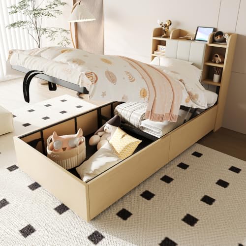 Vepssder Cama de madera de 90 x 200 cm, cama hidráulica, cabecero con almacenamiento, puerto USB y enchufe TAPE-C, cama doble, cama individual (colchón no incluido)