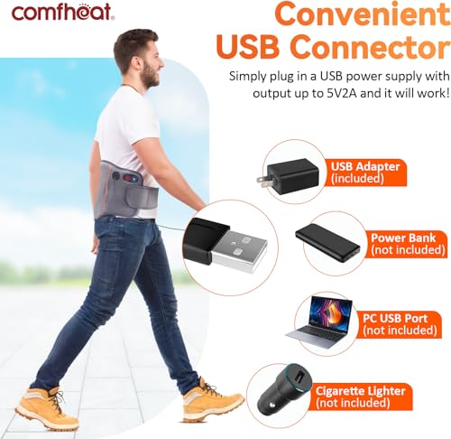 Comfheat Back Heating Pad with Vibration Massage for Lower Back Pain Relief USB Lumbar Heating Pads for Car Travel, Heated Waist Belt Warm Therapy for Lumbar Spine, Cramps (Non-Rechargeable)