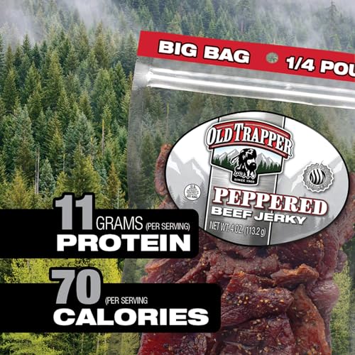 Image of Old Trapper Beef Jerky, Peppered 1 /4-Pound Individual Package, Spicy Meat Snacks for Lunches or Between Meals, 11 Grams of Protein, Zero Grams of Fat, 70 Calories per Serving (Pack of 8)