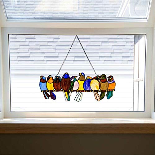 Spring Pendant Window Decor Stained Glass Birds-On-A-Wire Window Panel Hanging Catcher-on a Wire High Stained Glass Suncatcher Window Panel(10 Birds)