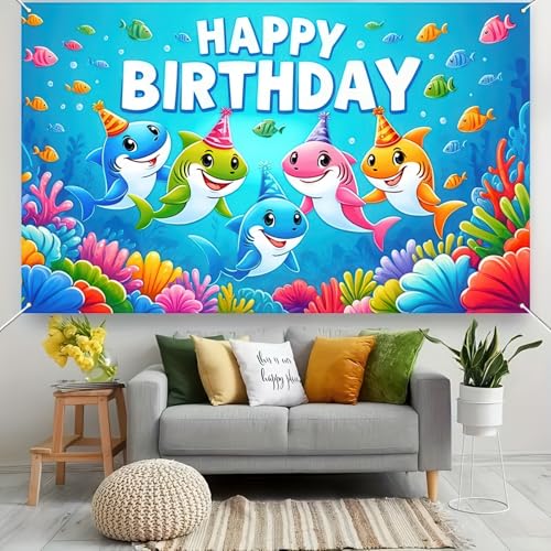 Image of HOMETITUTE Shark Birthday Party Decorations Ocean World Shark Family Happy Birthday Banner Ocean Decorations 71x43 Inch Underwater Coral Reef Party Backdrop Tropical Fish and Sea Life Decorations