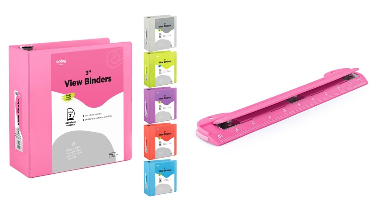 3 Inch 3 Ring Binder Pink with 2 Inside Pockets & Pink Portable 3 Hole Puncher for 3 Ring Binder - by Enday