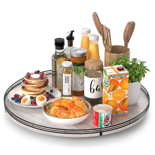 Image of 21 inch Lazy Susan Wood Turntable Organizer for Kitchen Decor, Farmhouse Round Wooden Lazy Susan Organization and Storage for Cabinet, Dining Table, Bathroom, Countertop,Centerpiece, Home Decor Whitewased