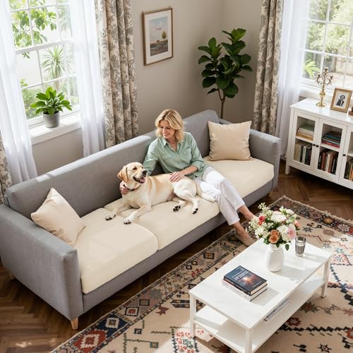 Image of CHUN YI 3 Piece Couch Cushion Covers for XL-Sofa Seat Slipcovers Suitable with Spandex Jacquard Washable Fabric (3 Piece XL-Sofa Cushion Covers, Ivory)