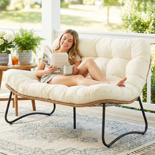 RADIATA Outdoor Patio Loveseat Boho Lounge Couch with Comfy Thick Cushion Durable Wicker Papasan Loveseat Furniture 2 Person Small Balcony Couch for Apartment Porch Backyard Poolside Beige