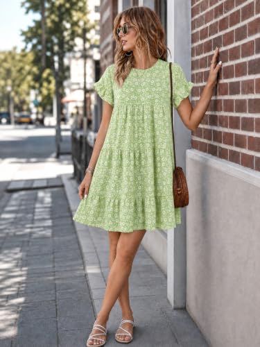 Image of Imysty Womens Boho Floral Ruffle Sleeve Babydoll Loose Flowy Casual Summer Pleated Mini Dress