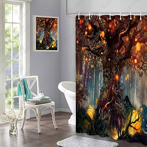 Gdmoon Forest Fairy Tales Shower Curtain Magic Large Tree Lanterns Tree Of Life Fantasy Plants Natural Landscape Fabric Bathroom Shower Curtains Set With 12 Hooks 72X72In, Red, Ylrlgd1502 #TOP4