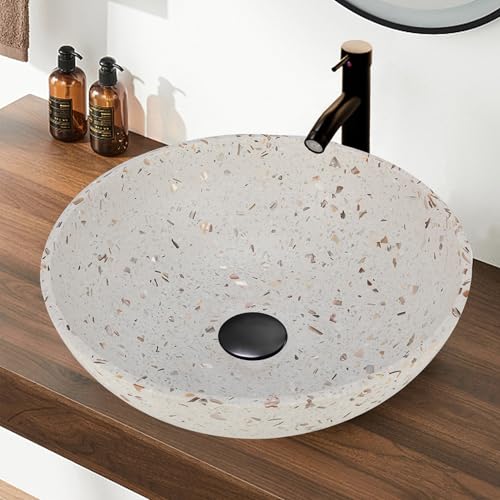 YIMAI Terrazzo Vessel Sink with Faucet and Drain, 15.7' Round Concrete Bathroom Sink Above Counter,...