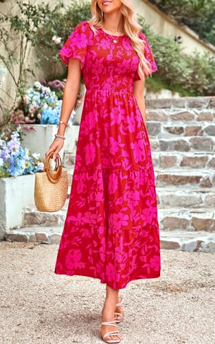 Image of PRETTYGARDEN Women's 2026 Summer Casual Flutter Short Sleeve Boho Floral Maxi Dress Crew Neck Smocked Tiered Long Dresses
