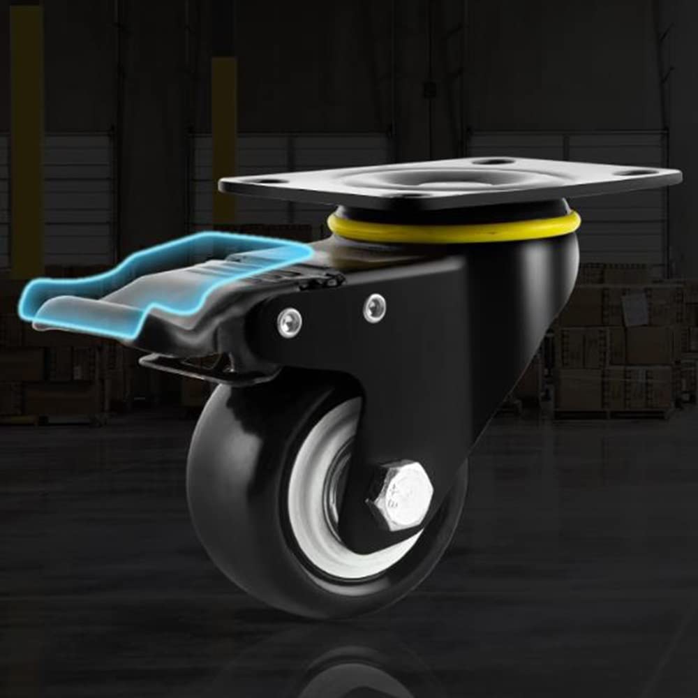 XUAN 4 Stück Lenkrollen Schwarz Schwerlastrollen Transportrollen Mit Anschraubplatte Stumm Möbelrollen PU Räder 50mm Laufrollen Tragfähigkeit 200kg (Color : Spins+Brakes, Size : 3inch)