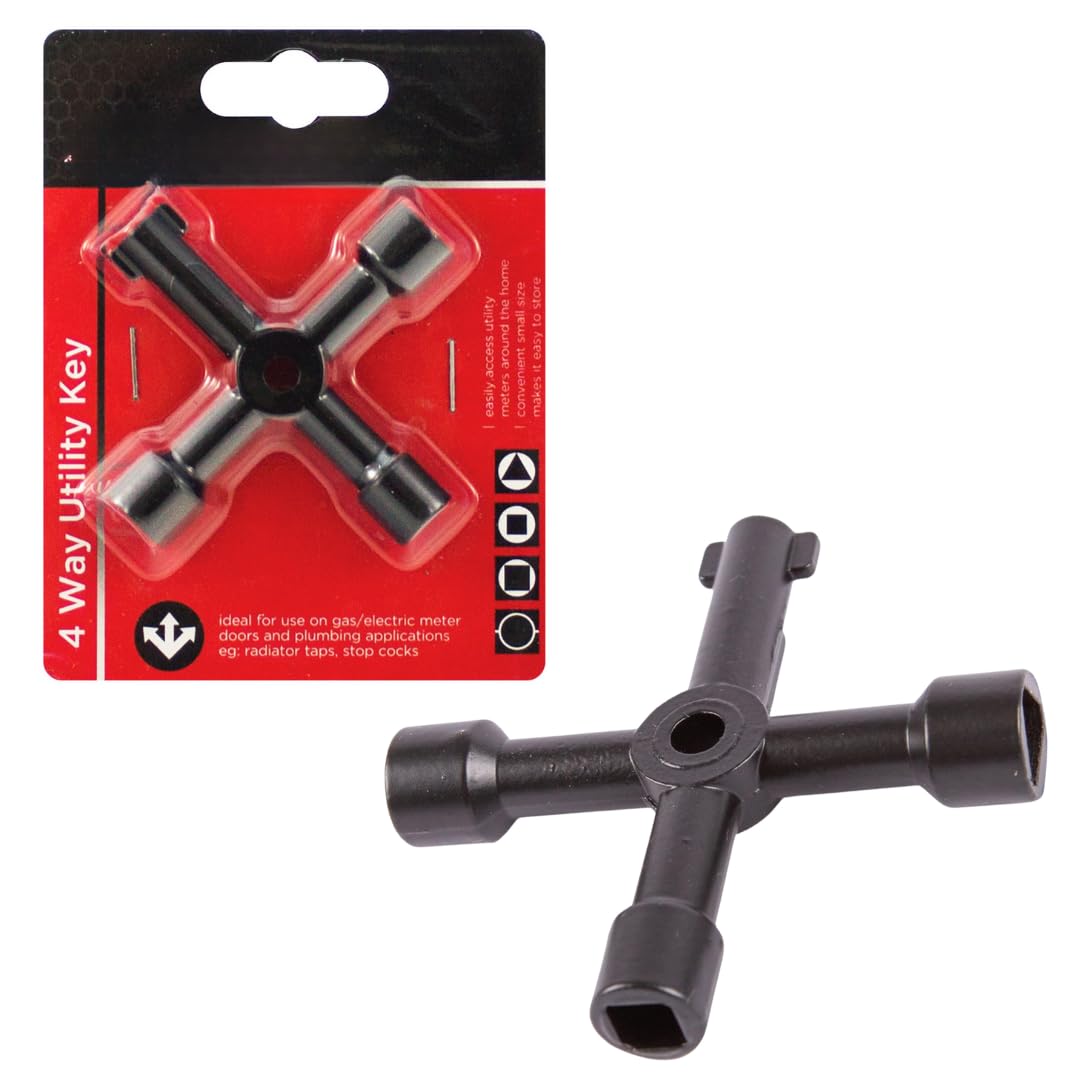 SOTL® 4 Way Utility Key for Gas, Water, Electric Cabinets Universal Cross Key for Meter Boxes, Valves, and Radiators Durable Metal 4-Way Multi-Functional Tool