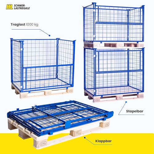 HHL Euro-Gitterbox mit klappe | Gitteraufsatzrahmen H1200 x B1200 x L800mm für aufbewahrung| Faltbarer Gitterrahmen für Euro-palette | Gitterbehälter aus Stahl | Gitterboxen für Holz, Lager | Blau
