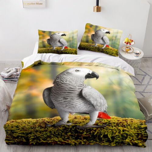 Housse de couette 90x190 microfibre anti-plis et facile à laver motif perroquet vert pour enfant