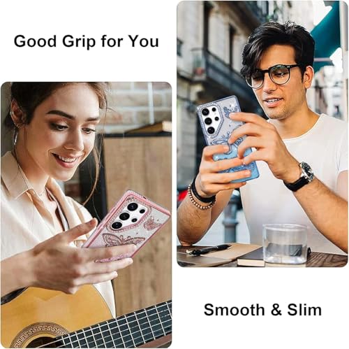 Image of Elzzi Electroplated Butterfly Phone Cover for Samsung S25 Ultra Case, Showcasing Pearlescent Diamond Soft TPU, Camera Protection, Shockproof, Dropresistant Stylish for Girls & Women (Blue)