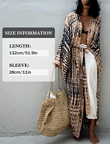Women's Beach Cover Ups Open Front Tie Dye Maxi Cardigan Kimono Swimsuit with Belts4