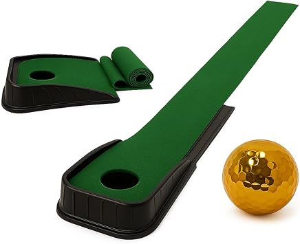 Luxury Indoor Putting Green Set with Golden Ball RollUp Practice Mat & Portable Cup Base Perfect Golf Gift for Men, Women & Beginners, Indoor Putting Green, Portable Golf Putting mat.
