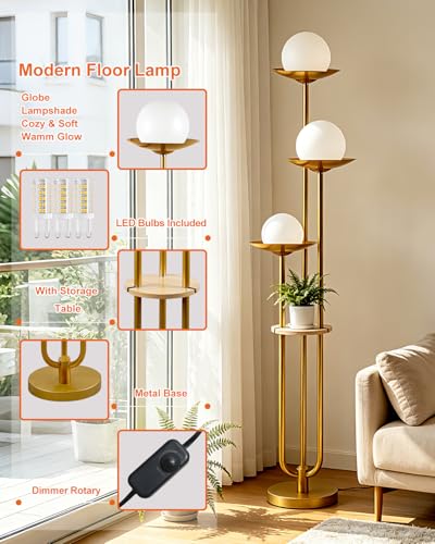 Image of Lightdot 3-Globe Dimmable Floor Lamp with Table Modern Floor Lamps 3000K Warm White Bulbs Included Gold Tall Standing Lamp with 5Lbs Heavy Base for Living Room /Bedroom /Sofa Beside /Corner Decor