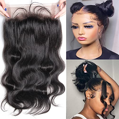 360 Lace Frontal Closure Body Wave HD Lace Frontals With Bangs Baby Hair Knots Can Be Bleached 100% Virgin Remy Human Hair 150% Density Natural Color (12 Inch, 360 Frontal)