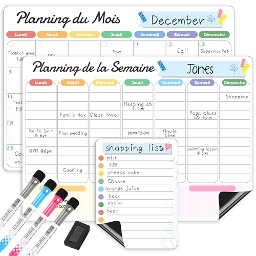 ANLIOTE Calendrier Magnétique pour Frigo, Effaçable à Sec, 3 Plannings Mensuel, Hebdomadaire et Quotidien à Coller sur le Réfrigérateur, Liste de...