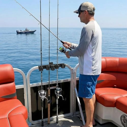 Pontoon Rod Holders for Square Rail Heavy Duty Pontoon Boat Accessories-Holds to 4 Fishing Poles-Tool-Free Installation Clamping Width Can be Flexibly Adjusted for Yachts Trucks and Marine No-Drill