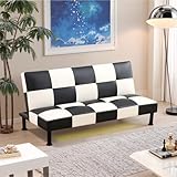 Osparple Couches for Living Room Upholstered Convertible Folding Futon Sofa Bed Modern Small Faux Leather Sleeper Sofa Love Seat for Bedroom, Apartment, Black + White