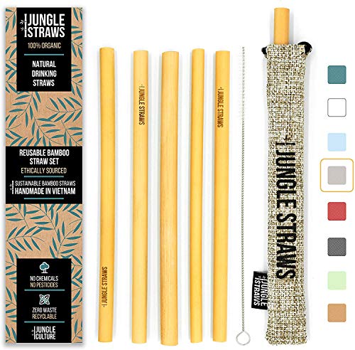 Reusable Bamboo Straws by Jungle Straws | Pack of 6 Natural & Organic Drinking Straws | Eco Friendly Bamboo Straw Set, Storage Bag & Cleaning Brush | Durable & Biodegradable | Plastic Free Zero Waste