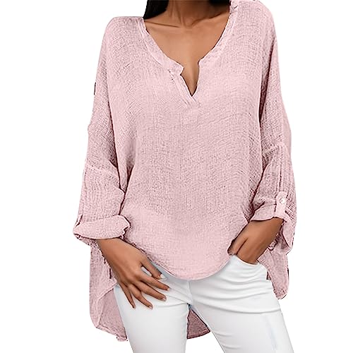 Camisas de lino de manga 3/4 para mujer, vestidos de verano de gran tamaño, talla grande, transpirables, cuello en V, vestido casual occidental, bohemio, primavera, manga larga, color sólido, manga