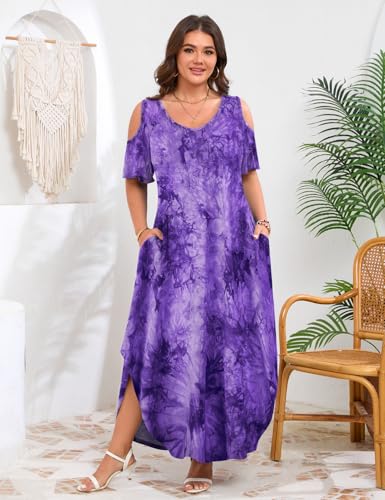Image of JollieLovin Womens Plus Size Casual Summer Maxi Long Dress Cold Shoulder V Neck Beach Sundresses