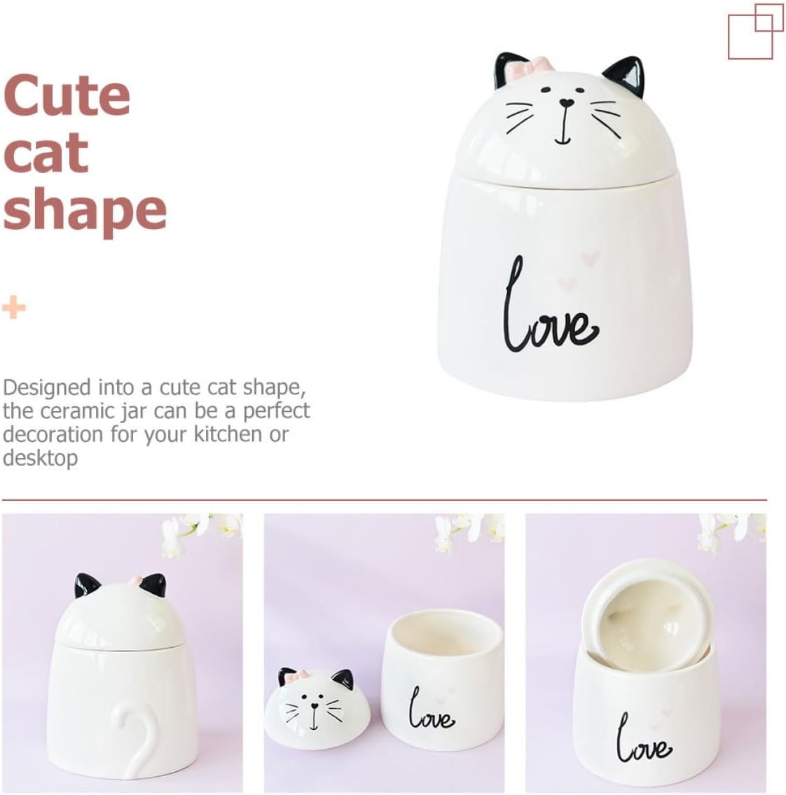 NUOBESTY Ceramic Spice Storage Jar and Porcelain Condiment Container with Lid, Cat Shape Food Canister for Household Kitchen, Sugar and Salt Storage for Countertop Organization