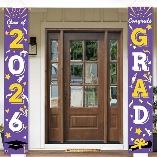 Image of Graduation Porch Banner Class Sign Congrats Grad Hanging Flags High School College University Party Decoration For Front Door Outdoor Purple Gold