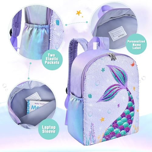 WERNNSAI Sparkly Girls Mermaid Kids Backpack - Sequins School Backpack for Kids Girls Preschool Kindergarten Elementary 15” Lightweight Travel Casual Book Bag Schoolbag4