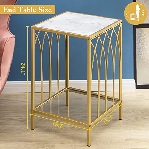 Sicotas Gold End Table Nightstand For Living Room - Modern Narrow Side Table With 2 Tiers Shelves - Marble Top Tempered Glass Bottom Gold Frame Bedside Tables, Coffee Table For Small Space, Bedroom #TOP1