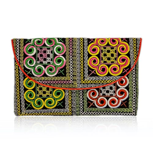Sabai Jai Embroidered Magnet Snap Clutch Envelope Wallet for Women - Cute Colorful Ethnic Boho Accessory Organizer Money Holder Bag (Bold Spirals)
