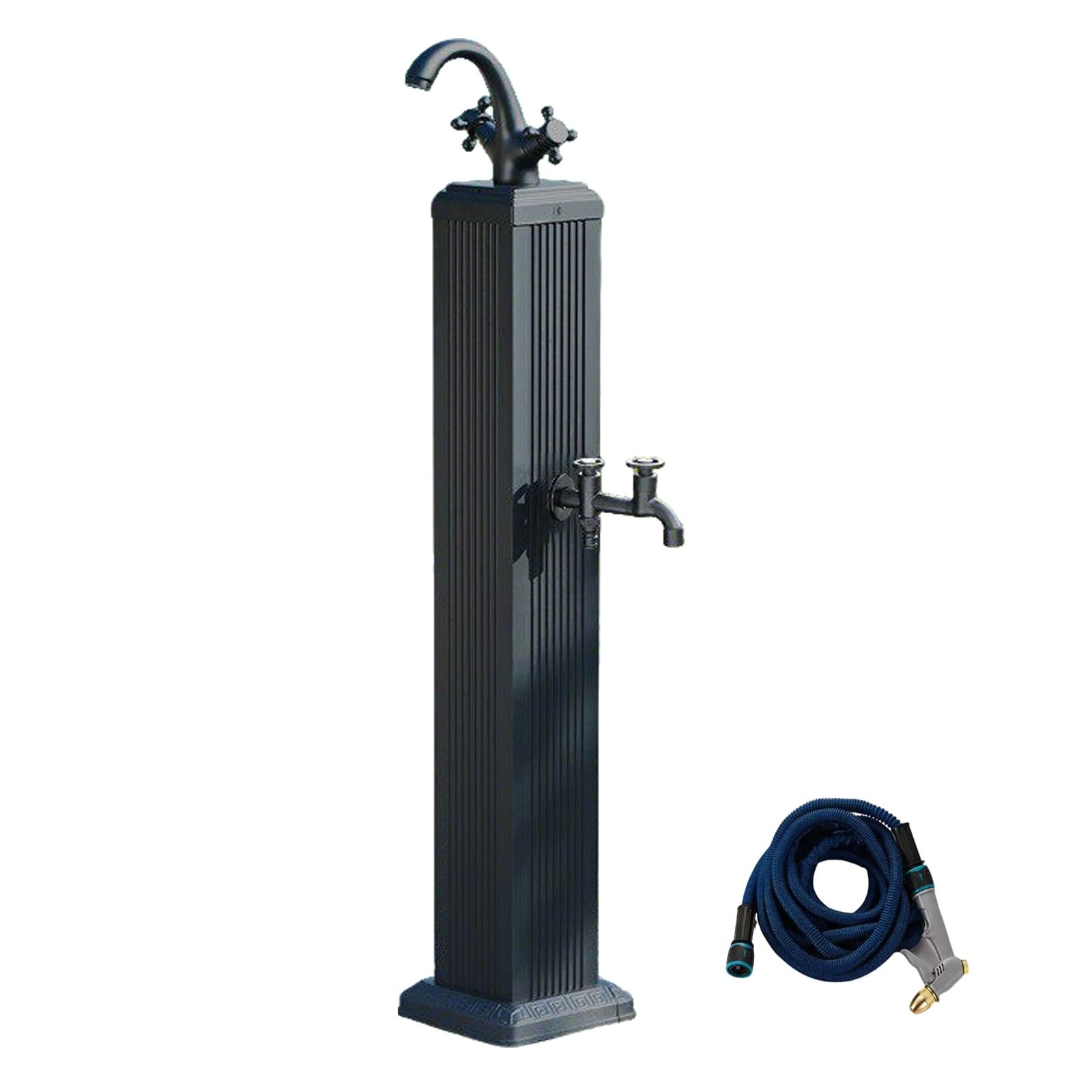 Freestanding Garden Water Column, Cold and Hot Water Yard Hydrant with Faucet and Spray Gun, Aluminum Outdoor Water Faucet for Washing and Irrigation(Black)