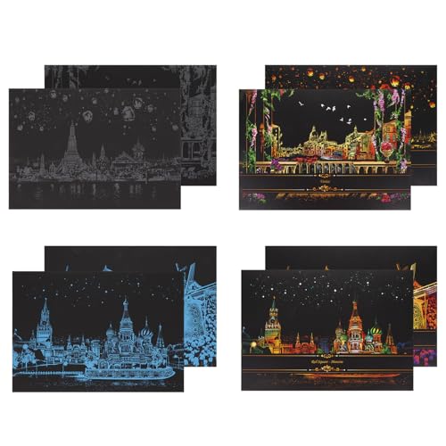 NOLITOY Kit de 8 Piezas Papel para Rascar Diseños de Paisajes Urbanos Nocturnos Tarjetas de Manualidades Adultos Actividad Creativa Antiestrés para Fiestas y Decoración
