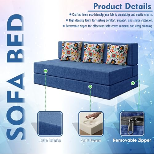 Image of Los Angeles Foldable Three Seater Sofa Cum Bed, Sofa Bed 5 X 6 Feet Jute Fabric Washable Cover- Including Cushion Perfect for Living Room