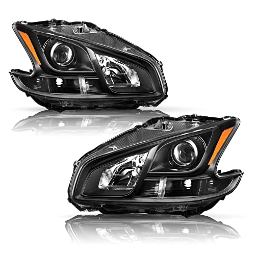 BRYGHT Headlight Assembly Fit for 2009-2014 Nissan Maxima Halogen 4-Door Projector Headlamps Replacement Driver and Passenger Side (Black Housing with Amber Reflector)