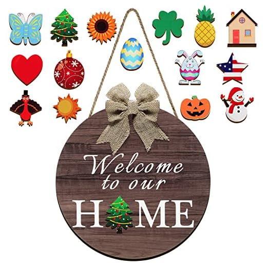 Jetec Interchangeable Seasonal Welcome Sign Front Door Decor Rustic Wood Welcome to Our Home Sign Wall Hanging Porch Decoration for Fall Christmas Easter Valentines Thanksgiving Holiday (Brown)