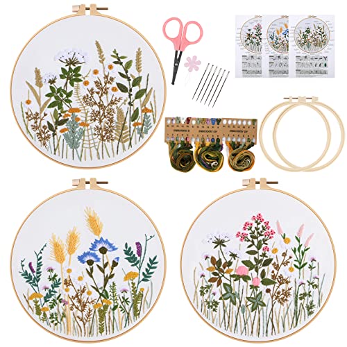 Lukinbox 3 Sets Embroidery Kit for Beginners, Fabric Cross Stitch Kits for Adults, DIY Embroidery Starter Kits with Floral Flower Patterns, Embroidery Hoops, Clothes, Threads and Needles
