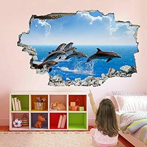 Muurstickers 3D Spiegelweergave Doorbreken De Muur Vinyl Muurstickers Verwijderbare DIY Vinyl Muurstickers Dolphins voor…