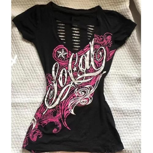 Emo Grunge Top Short Sleeve Y2k Shirts Vintage Streetwear Tops Women 2000s Fashion2