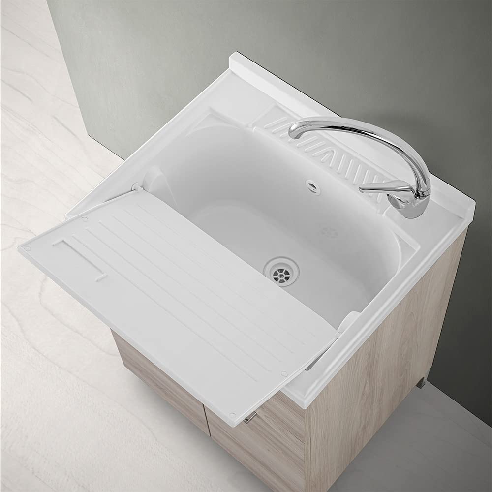 Inbagno Lavatoio con mobile e vasca in Resina resistente agli acidi, Completo di ASSE di Lavaggio e Kit sifone + piletta (60x50 cm 2 Ante, Rovere Grigio)