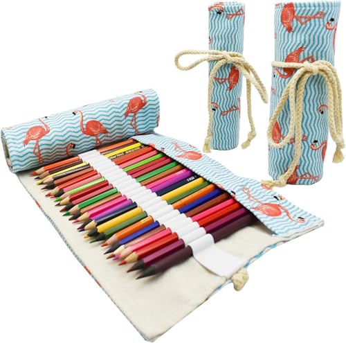 色鉛筆 布製ロールケース 鉛筆 収納バッグ 巻き型 帆布キャンバス ロールペンケース 画筆ケース 道具入れ 大容量 筆入れ 筆収納 画材 いろえんぴつ ペイントブラシバッグ ケースホルダー文具収納 筆箱 旅行に持ち運び便利 フラミンゴ花柄 48穴 (鉛筆が