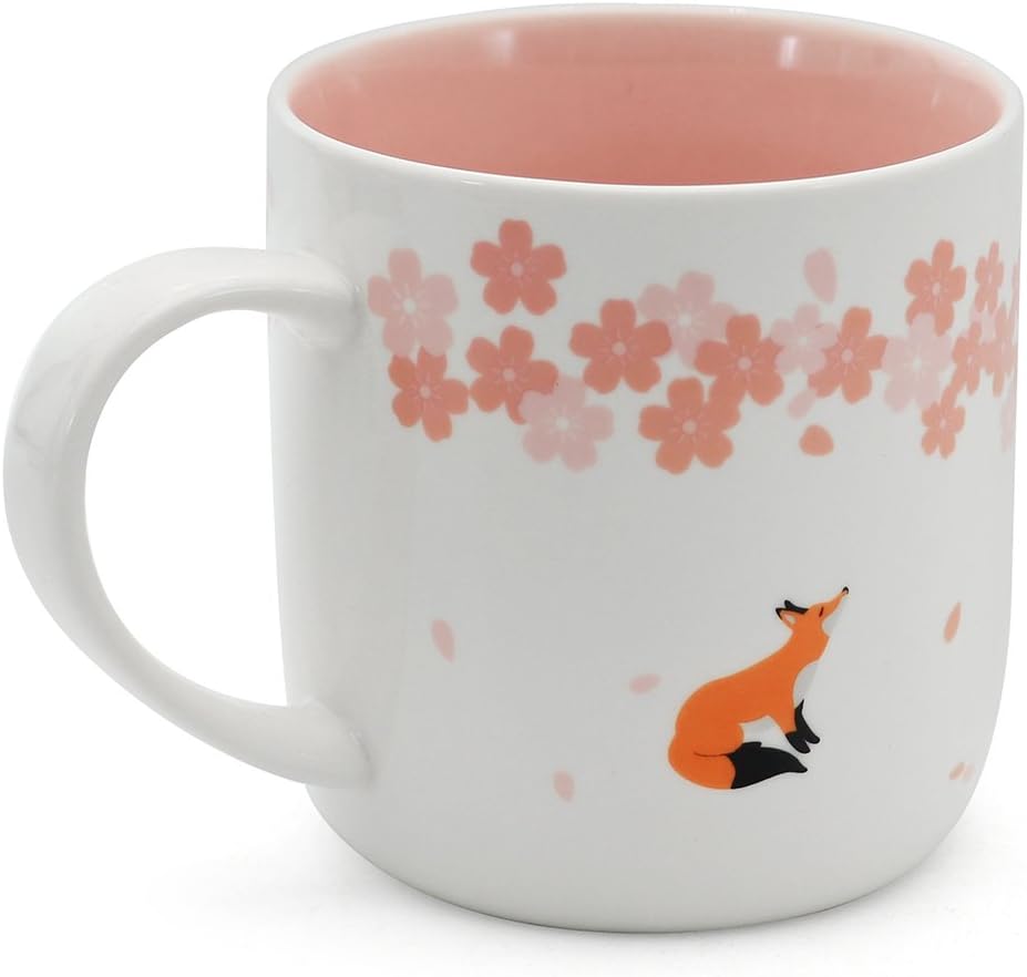 EPFamily Cute Fox Mug Ceramic Funny White Pink Cherry Blossom Mugs Porcelain Coffee Tea Cups Gifts for Women Girls Grandma Mom Fox Lovers 11 oz