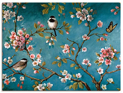 ARTLAND Wanddeko Leinwand Bilder Wandbild 120x90 cm Kirschblüten Botanik Blumen Blüten Vögel Shabby Chic Malerei Kunst K7LY