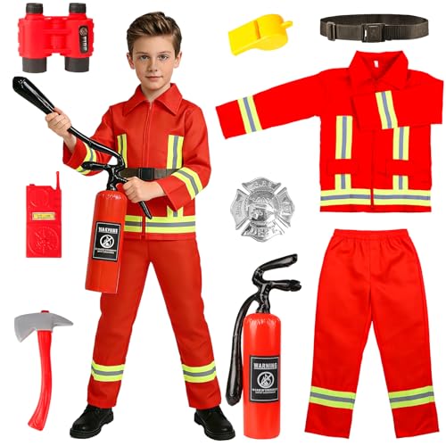 Aitsite Feuerwehr Kostüm Kinder Rot Feuerwehrmann Verkleidung Set mit Jacke Hose Gürtel Helm Feuerlöscher Axt Walkie-Talkie & Abzeichen für Fasching Karneval Halloween