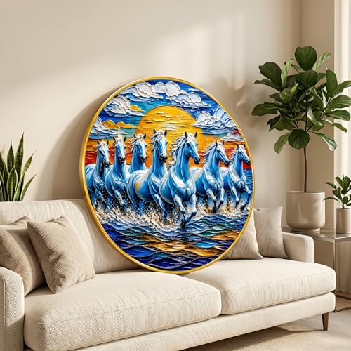 Image of SAF 7 Horse Vastu Round Wall Painting with Premium PVC Golden Frame, Blue Running Horses Sunrise Ocean Art for Living Room Office Home Decor Gift (23 x 23 Inch) GR-460