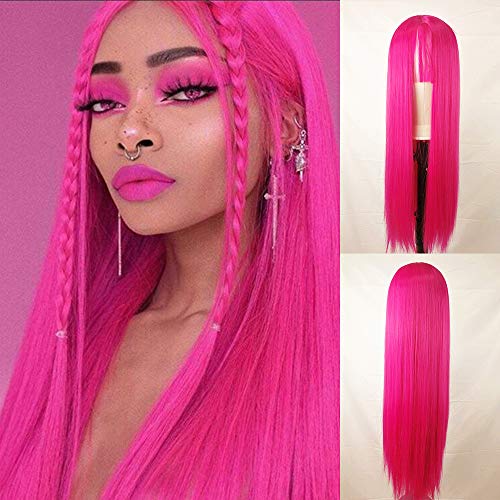 Best Rose Red Long Synthetic Wigs for Women Soft Pink Wig with Middle Part Glueless Heat Resistant Fiber Hair Replacement Soft Wig 24inches